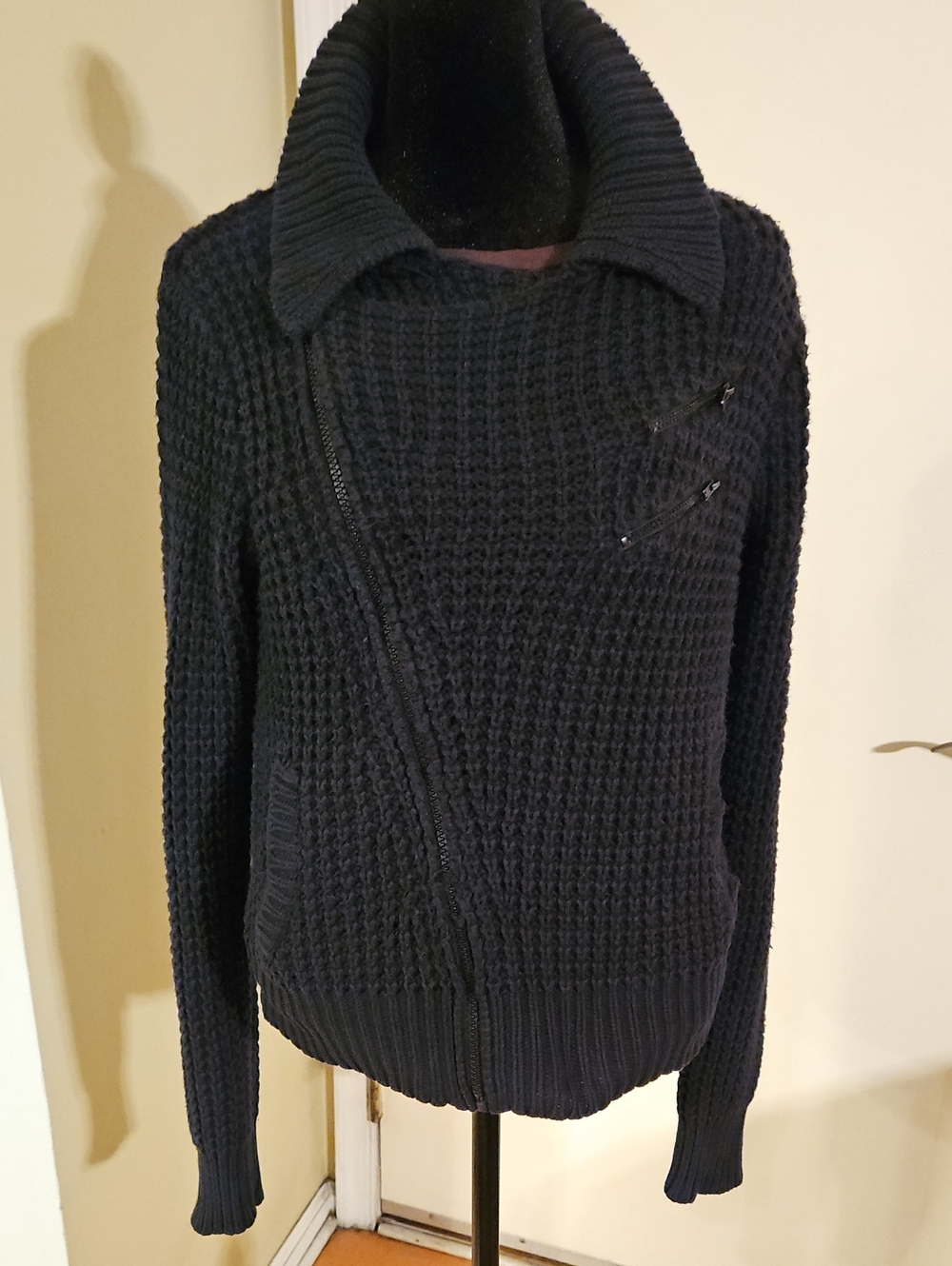Sanctuary Asymmetric Zip Waffle Knit Moto Sweater Jacket Black S